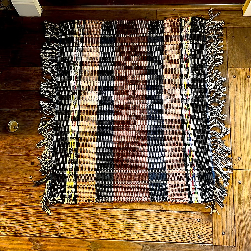 Vintage Woven Rag Rug - blues & black with shades of brown  New- never used